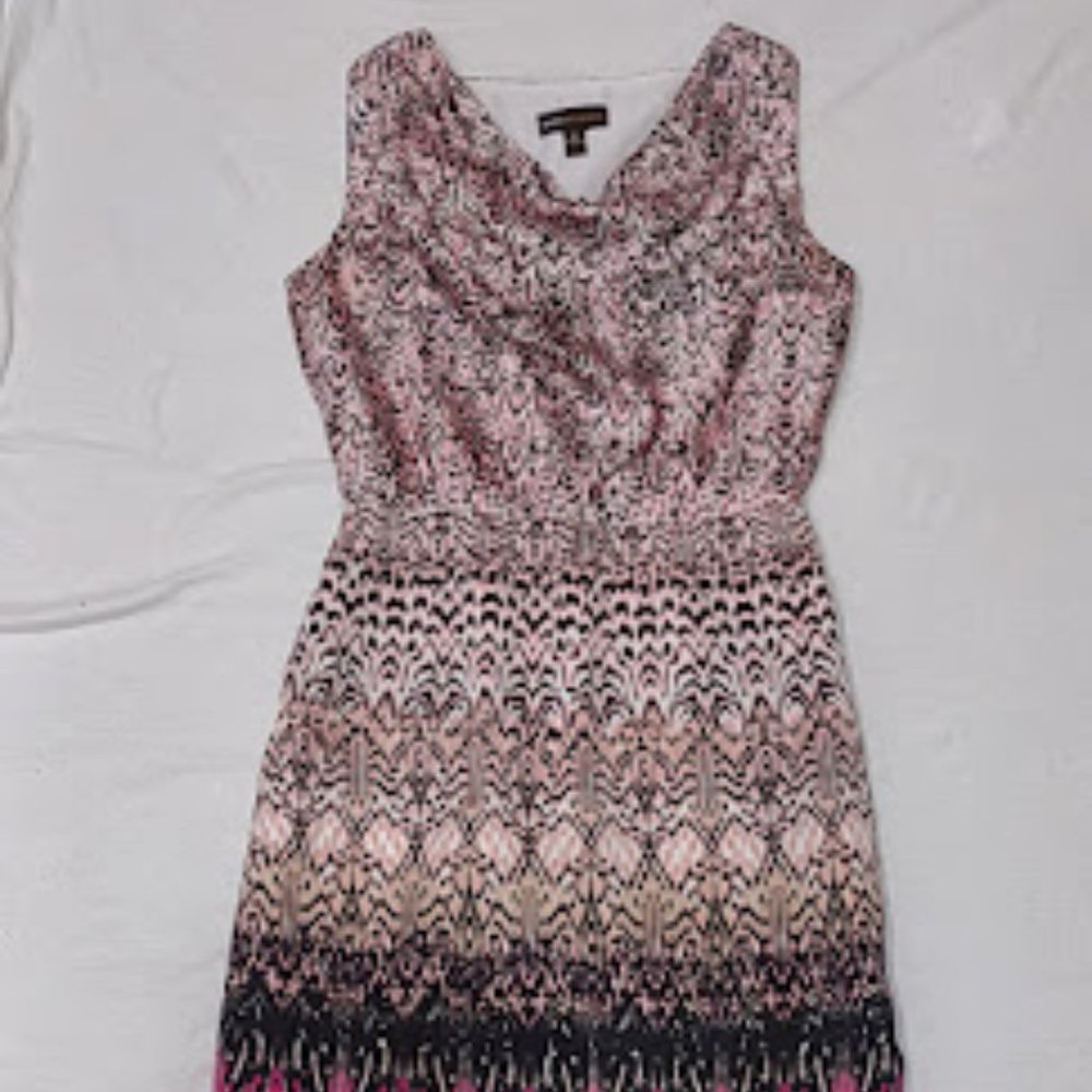 DANA BUCHMAN SLEEVELESS SHEATH PINK BLACK WHITE DRAPE NECK LINED DRESS SIZE XS